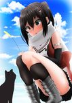  bangs black_eyes black_hair blue_sky cat cloud commentary_request day hair_ornament highres kantai_collection kikyou_(kiss-shot) remodel_(kantai_collection) scarf school_uniform sendai_(kantai_collection) serafuku sky solo squatting triangle_mouth two_side_up white_scarf 