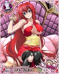  ahoge black_legwear blue_eyes breasts card_(medium) character_name chess_piece cleavage high_school_dxd king_(chess) large_breasts long_hair looking_at_viewer official_art pillow red_hair rias_gremory sideboob sitting solo thighhighs torn_clothes torn_legwear trading_card underboob very_long_hair 