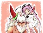  1girl asterios_(fate/grand_order) black_sclera carrying dress euryale fate/grand_order fate/hollow_ataraxia fate_(series) headdress horns long_hair one_eye_closed purple_hair red_eyes shoulder_carry size_difference smile twintails white_hair wreath yorutori 