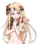  1girl abigail_williams_(fate) abigail_williams_(third_ascension)_(fate) black_bow blonde_hair bow commentary_request fate/grand_order fate_(series) finger_to_mouth flat_chest forehead keyhole long_hair looking_at_viewer missing_headwear mizutani_hozumi navel orange_bow pig red_eyes revealing_clothes simple_background smile solo_focus tagme third_eye white_background 