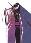  1girl absurdres anno_im black_eyes black_hair black_kimono bleach bleach:_sennen_kessen-hen commentary_request expressionless haori highres holding holding_sword holding_weapon japanese_clothes kimono long_hair minazuki_(bankai) obi sash shadow solo sword taichou_haori unohana_retsu unohana_yachiru weapon white_haori wide_sleeves 