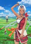  1boy 1girl absurdres alna anime_coloring arm_behind_head arm_up arrow_(projectile) artist_request bandeau bare_shoulders black_pants blue_horns blue_sky boots bow_(weapon) bracelet braid breasts brown_boots closed_mouth cloud collarbone commentary_request copyright_notice cowboy_shot criss-cross_halter criss-cross_straps dark-skinned_female dark_skin day dias_(the_frontier_lord_begins_with_zero_subjects) facial_mark facing_away from_behind grass grasslands grey_hair hair_intakes hair_ornament hair_tubes hairband halterneck hand_on_own_hip highres holding holding_arrow holding_bow_(weapon) holding_weapon horns jewelry key_visual leaf long_hair looking_at_viewer low-tied_sidelocks medium_breasts mountainous_horizon multiple_braids official_art oni outdoors pants promotional_art quad_braids red_eyes ryoumin_0-nin_start_no_henkyou_ryoushu-sama shirt short_eyebrows short_sleeves sidelocks single_sidelock sky smile solo_focus split_mouth standing straight-on v-shaped_eyebrows very_long_hair weapon white_bandeau white_shirt wind 