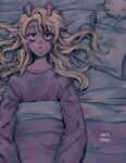  1girl absurdres bags_under_eyes blanket commentary deltarune english_commentary english_text exhausted freckles goomyloid highres lying noelle_holiday on_back on_bed pillow sanpaku shirt solo upper_body utdr_(toby_fox) 