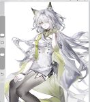  1girl animal_ears arknights art_program_in_frame bare_shoulders black_shorts black_thighhighs bochishiraita bracelet cape cat_ears cat_girl closed_mouth criss-cross_straps dress feet_out_of_frame floating_hair green_cape green_eyes hand_on_lap hand_up highres invisible_chair jewelry kal'tsit_(arknights) kal'tsit_esperanta_(arknights) light_smile long_hair looking_at_viewer multicolored_cape off-shoulder_dress off_shoulder procreate_(medium) procreate_(software) shorts simple_background sitting solo thighhighs white_background white_cape white_dress white_hair 