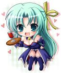  1girl angel_mort black_leotard black_sleeves blush breasts chibi chibi_only commentary_request cup detached_collar detached_sleeves green_eyes green_hair hair_ribbon half_updo heart higurashi_no_naku_koro_ni holding holding_tray large_breasts leaning_forward leotard long_hair open_mouth ribbon showgirl_skirt smile solo sonozaki_shion strapless strapless_leotard taiga_joe tray waitress yellow_ribbon 