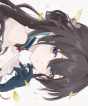 1girl black_hair commentary falling_leaves gloves green_gloves green_streaks highres honkai:_star_rail honkai_(series) leaf long_hair looking_at_viewer looking_to_the_side multicolored_hair nyoki1586714 parted_lips portrait ruan_mei_(honkai:_star_rail) simple_background solo streaked_hair two-tone_hair white_background 
