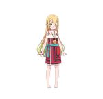  1girl anime_coloring arms_at_sides artist_request bare_legs bare_shoulders barefoot black_dress blonde_hair blue_sash blunt_sidelocks blush bracelet braid braided_sidelocks center-flap_bangs child closed_mouth dress elf full_body fur-trimmed_dress fur_trim gradient_hair green_eyes green_hair invisible_floor jewelry long_hair moon multicolored_hair necklace official_art pointy_ears red_dress ryoumin_0-nin_start_no_henkyou_ryoushu-sama sash senai sidelocks simple_background smile solo split_mouth standing strapless strapless_dress transparent_background two-tone_dress very_long_hair 