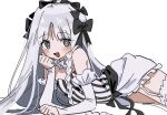  1girl bare_shoulders black_eyes commentary_request commission fate/grand_order fate_(series) francesca_prelati_(fate) garter_belt grey_hair highres korean_commentary long_hair looking_at_viewer open_mouth simple_background smile solo syst098 thighhighs thighs white_background white_thighhighs 