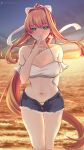  1girl absurdres alternate_costume arm_behind_back artist_name bikini blue_shorts blue_sky blush bow breasts brown_hair cleavage closed_mouth cloud cloudy_sky commentary cowboy_shot denim denim_shorts detached_sleeves doki_doki_literature_club dusk english_commentary finger_to_mouth frilled_sleeves frills gradient_sky green_eyes hair_between_eyes hair_bow hand_up highres large_breasts long_hair looking_at_viewer mi_tarou0412 micro_shorts monika_(doki_doki_literature_club) ocean open_clothes open_fly open_shorts orange_sky outdoors patreon_logo patreon_username ponytail short_sleeves shorts sky smile solo star_(sky) starry_sky straight-on swept_bangs swimsuit thigh_gap torn_clothes torn_shorts twitter_username very_long_hair wading watermark white_bikini white_bow 