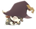  1girl artist_request black_eyes book bracelet brown_hair chibikemo closed_mouth commentary full_body furry furry_female game_asset gold_bracelet grimoire grimoirh_(tales) hand_on_own_cheek hand_on_own_face hand_on_own_leg hat jewelry looking_at_viewer lying mini_eyewear normin_(tales) official_art on_side rabbit_tail red-framed_eyewear red_lips simple_background solo tachi-e tail tales_of_(series) tales_of_berseria third-party_source transparent_background witch_hat 