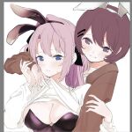  2girls animal_ear_hairband animal_ears black_leotard black_ribbon blue_eyes blush breasts brown_cardigan cardigan cleavage closed_mouth droplibretto fake_animal_ears hair_intakes hair_ribbon hairband highres kamiina_botan kamiina_botan_yoeru_sugata_wa_yuri_no_hana large_breasts leotard multiple_girls parted_lips pink_hair playboy_bunny purple_eyes purple_hair rabbit_ear_hairband rabbit_ears ribbon shirt short_hair smile sweat two_side_up white_shirt yourou_utsugi yuri 