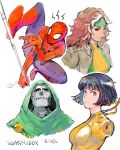  2026 2boys 2girls absurdres animal_print armor artist_name blue_bodysuit bodysuit brown_hair cable cape chain collage colored_bangs cyborg dated doctor_doom dynamic_pose fantastic_four frown full_body ghost_in_the_shell gold_chain green_bodysuit green_cape green_eyes green_hood green_tunic grey_armor highres jacket kusanagi_motoko leather leather_jacket leotard long_hair looking_at_viewer looking_to_the_side marvel mask metal_mask multicolored_bodysuit multicolored_hair multiple_boys multiple_girls portrait power_armor print_bodysuit purple_hair quasimodox red_bodysuit red_mask rogue_(x-men) silk simple_background spider-man spider-man_(original_suit) spider-man_(series) spider_print spider_web spider_web_print subdermal_port superhero_costume tunic two-tone_bodysuit two-tone_hair upper_body white_background white_hair x-men yellow_bodysuit 