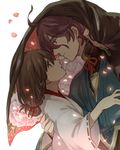  1girl aqua_eyes brown_hair cherry_blossoms couple female_saniwa_(touken_ranbu) floral_print hetero japanese_clothes kasen_kanesada long_hair miyako_(nientetnein) petals purple_hair saniwa_(touken_ranbu) short_hair simple_background touken_ranbu white_background 