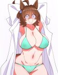  1girl :> agnes_tachyon_(umamusume) ahoge animal_ears aqua_bikini armpits bikini breasts brown_hair chemical_structure cleavage collarbone commentary cowboy_shot earrings hair_between_eyes highres horse_ears horse_girl horse_tail huge_ahoge jewelry kaijin_debeso lab_coat large_breasts long_sleeves looking_at_viewer naked_lab_coat red_eyes shaded_face short_hair simple_background single_earring sleeves_past_fingers sleeves_past_wrists smile solo swimsuit tail umamusume white_background wolf_cut 