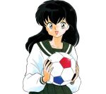  1girl ball black_hair commentary english_commentary green_sailor_collar green_skirt grey_eyes higurashi_kagome holding holding_ball inuyasha looking_at_viewer open_mouth sailor_collar school_uniform serafuku simple_background skirt smile soccer_ball takahashi_rumiko third-party_source traditional_media white_background 