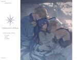  1girl 2boys arm_rest arm_support artist_name bed bed_sheet blonde_hair blue_eyes blue_hair border character_name closed_eyes commentary_request copyright_name dated dizzy_(guilty_gear) english_text family father_and_child father_and_son guilty_gear guilty_gear_strive half-closed_eyes honey_dogs hug husband_and_wife ky_kiske long_hair lying mother_and_child mother_and_son multiple_boys on_back on_bed parent_and_child pillow red_eyes short_hair sin_kiske sleeping twintails white_border 