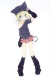  1girl :o animal_hat arm_warmers badge beanie black_arm_warmers black_hat black_leg_warmers black_shirt black_shoes blonde_hair blue_eyes blush button_badge cat_hat collarbone commentary_request dot_nose hair_between_eyes hand_on_own_head hat highres layered_skirt leg_warmers looking_to_the_side medium_hair miniskirt off_shoulder original pigeon-toed red_skirt shiki_59 shirt shoes short_sleeves simple_background skirt solo t-shirt white_background 