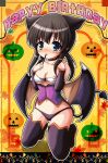  1girl animal_ears birthday blue_eyes blush breasts brown_hair choker commentary_request corpse_party demon_girl demon_tail demon_wings detached_sleeves food halloween happy_birthday kneeling navel panties pocky shinozaki_ayumi solo taiga_joe tail thighhighs twintails underwear wings 