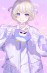  1girl absurdres anger_vein banpen_(todoroki_hajime) blonde_hair blush choker commentary_request ene_teq grin highres hololive hololive_dev_is jacket multicolored_hair purple_choker purple_eyes purple_hair shirt short_hair shorts sleeves_past_wrists smile star_(symbol) streaked_hair todoroki_hajime todoroki_hajime_(1st_costume) two_side_up virtual_youtuber white_jacket white_shirt white_shorts 
