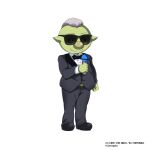  1boy artist_request black_bow black_bowtie black_shoes bow bowtie clenched_hand closed_mouth collared_shirt colored_skin copyright_name copyright_notice fang full_body goblin gobta_(tensura) green_skin grey_hair grey_jacket grey_pants grey_suit highres holding holding_microphone jacket large_nose looking_ahead male_focus microphone official_alternate_costume official_alternate_hairstyle official_art pants shirt shoes short_hair simple_background smile solo standing suit suit_jacket sunglasses tensei_shitara_slime_datta_ken tensei_shitara_slime_datta_ken:_makoku_renpou_souseiki third-party_source white_background white_shirt 