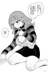  1girl bare_legs barefoot blush breasts cleavage clothes_lift commentary_request copyright_request cropped_sweater folded_clothes greyscale high-waist_skirt highres idaten_funisuke kneeling large_breasts light_smile long_hair looking_down looking_to_the_side miniskirt monochrome parted_lips shirt_lift skirt small_sweatdrop solo speech_bubble striped_clothes striped_sweater sweater translation_request turtleneck turtleneck_sweater 