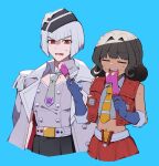  2girls =_= black_hair blue_background blue_gloves closed_eyes collared_shirt commentary_request crop_top cropped_vest dark-skinned_female dark_skin decepticon double_popsicle food genderswap genderswap_(mtf) gloves hat highres holding holding_food holding_popsicle humanization jacket kotobukiya_bishoujo megatron megatron_(kotobukiya_bishoujo) melvi0 midriff multiple_girls navel necktie open_mouth popsicle red_eyes red_vest sharing_food shirt short_hair simple_background skirt starscream starscream_(kotobukiya_bishoujo) sweat transformers transformers:_generation_1 unequal_popsicle_division vest 