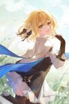  1girl absurdres azur_promilia bing_tang_lan_mei_mei black_boots black_dress black_gloves black_ribbon black_thighhighs blonde_hair boots braid breasts dress flower frilled_dress frills gloves green_eyes hair_between_eyes hair_flower hair_ornament hair_ribbon highres lily_(azur_promilia) looking_at_viewer outdoors ribbon scarf short_hair small_breasts solo thighhighs v white_dress white_flower white_scarf 