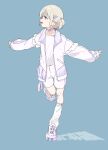  1girl absurdres blue_background choker commentary_request donkoni full_body highres hololive hololive_dev_is jacket leg_warmers looking_to_the_side multicolored_hair outstretched_arms purple_choker purple_hair shirt shoes short_hair shorts simple_background sneakers solo spread_arms standing standing_on_one_leg streaked_hair todoroki_hajime todoroki_hajime_(1st_costume) two_side_up virtual_youtuber white_jacket white_leg_warmers white_shirt white_shoes white_shorts 