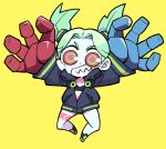  1girl :d arms_up black_bra black_jacket black_panties black_shoes blue_hands bra chibi colored_extremities colored_sclera colored_skin commentary_request cyberpunk:_edgerunners cyberpunk_(series) cyborg full_body green_hair grin jacket kitsch_jacket_(cyberpunk) leg_tattoo long_sleeves looking_at_viewer mechanical_eyes mechanical_hands neck_tattoo outstretched_arms oversized_forearms oversized_limbs panties panty_peek papa_(shimeguru) parted_bangs partially_open_jacket pink_tattoo rebecca_(cyberpunk) red_hands red_pupils red_sclera shoes simple_background smile solo spread_arms stomach_tattoo tattoo teeth twintails underwear v-shaped_eyebrows white_skin yellow_background 