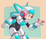  1girl android animal aqua_hair axolotl black_bodysuit bodysuit closed_mouth commentary english_commentary feet_out_of_frame gloves green_background helmet highres holding holding_animal leaning_forward looking_at_animal mega_man:_dual_override mega_man_(classic) mega_man_(series) orange_background red_eyes robot_girl simple_background souldroids twinkle_girl two-tone_background white_gloves white_helmet 