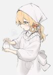  1girl alternate_costume apron blonde_hair blush bow braid braided_hair_rings commentary_request cropped_torso dress hair_between_eyes hair_rings headscarf highres holding jill_07km kappougi kirisame_marisa long_sleeves pink_background side_braid simple_background single_braid solo touhou upper_body white_bow white_headscarf yellow_eyes 