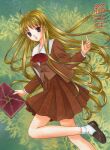  1girl amatsuka_megumi artist_name book bow bowtie brown_eyes brown_hair brown_jacket brown_shoes brown_skirt brown_vest color_ink_(medium) foot_out_of_frame green_background holding holding_book jacket loafers long_hair looking_at_viewer open_clothes open_jacket parted_lips red_bow red_bowtie shirt shoes skirt socks solo standing standing_on_one_leg suzumame tenshi_na_konamaiki traditional_media very_long_hair vest white_shirt white_socks 