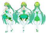  absurdres boots character_sheet earrings elbow_gloves full_body gloves green_hair green_skirt highres jewelry long_hair magical_girl multiple_persona multiple_views original pantyhose precure rona67 skirt smile standing turnaround twintails very_long_hair white_background white_gloves white_legwear yellow_eyes 