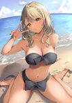  1girl absurdres barefoot beach bikini bikini_tan black_bikini black_nails blonde_hair bow bow_bikini braid braided_bangs breasts cloud commentary_request dark-skinned_female dark_skin day gyaru highres horizon kaminari_qpi kuwakuma large_breasts long_hair looking_at_viewer navel ocean orange_eyes outdoors puckered_lips sand shore sitting sky solo stomach strapless strapless_bikini swimsuit tanlines v virtual_youtuber vspo! wariza water 