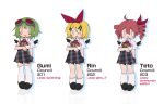  3girls ahoge bible_(object) black_shoes black_skirt black_wings blonde_hair book bow character_name collared_shirt confessions_of_a_rotten_girl_(vocaloid) detached_wings drill_hair english_commentary fang green_hair grey-framed_eyewear gumi hair_bow hair_ornament hairclip highres holding holding_book kagamine_rin kasane_teto kasane_teto_(sv) multicolored_hair multiple_girls neckerchief o_o official_art open_mouth plaid_clothes plaid_skirt pleated_skirt pocket red-tinted_eyewear red_bow red_hair red_neckerchief reference_sheet sawtowne shirt shoes short_hair short_sleeves simple_background skin_fang skirt smile socks solid_oval_eyes streaked_hair synthesizer_v thighhighs tinted_eyewear twin_drills utau vocaloid white_background white_shirt white_socks white_thighhighs wings 