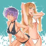  bangs bikini blonde_hair breasts earrings higurashi_no_naku_koro_ni jewelry long_hair looking_at_viewer mamiya_rina medium_breasts multiple_girls navel open_mouth orange_eyes pink_eyes purple_hair short_hair simple_background smile swimsuit takano_miyo tattoo white_swimsuit zenkou 