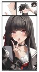  1boy 1girl ? absurdres black_choker black_hair blush chisa_(wuthering_waves) choker commentary cryne english_commentary fingernails food hair_ribbon highres licking licking_finger long_fingernails long_hair looking_at_viewer male_rover_(wuthering_waves) mole mole_under_eye pocky red_eyes red_ribbon ribbon rover_(wuthering_waves) sailor_collar upper_body white_sailor_collar wuthering_waves 