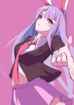 1girl absurdres animal_ears commentary_request finger_gun highres komori_hiki16 midriff pink_background pink_eyes purple_eyes rabbit_ears rabbit_girl reisen_udongein_inaba simple_background solo touhou 