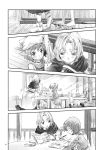  2girls ass blush closed_mouth from_behind from_side geta greyscale highres kumoi_ichirin monochrome multiple_girls necktie open_mouth reading sandals smile tatara_kogasa touhou translation_request undefined_fantastic_object wooden_floor yohane 