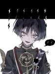  1boy ? ?? arms_at_sides black_bodysuit black_border black_hair black_kimono black_sleeves blunt_ends bodysuit border covered_collarbone eyeliner genshin_impact gold head_tilt heart highres japanese_clothes jewelry juban kimono kurage_67 layered_sleeves letterboxed looking_at_viewer makeup male_focus mandarin_collar mitsudomoe_(shape) neck_ring open_mouth purple_eyes purple_rope purple_sleeves red_eyeliner red_kimono rope scaramouche_(genshin_impact) scaramouche_(harbinger)_(genshin_impact) shimenawa short_sleeves single_sode solo spoken_question_mark tassel tomoe_(symbol) tsurime twitter_username white_background white_kimono white_rope wispy_bangs 