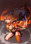  blonde_hair breasts cleavage fingerless_gloves fire gloves highres jh large_breasts long_hair looking_at_viewer midriff navel red_eyes rwby single_thighhigh smile solo thighhighs yang_xiao_long 