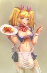  apron blonde_hair blue_eyes bow_(bhp) breasts cleavage food highres ketchup large_breasts long_hair maid omurice original panties plate see-through solo twintails underboob underwear waist_apron wrist_cuffs 