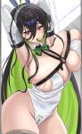  1girl absurdres animal_ear_hairband animal_ears armor arms_up black_hair blush bow bowtie breast_strap breasts coin colored_inner_hair commentary_request crotch_zipper fake_animal_ears goddess_of_victory:_nikke gold_coin green_bow green_bowtie green_hair green_streaks grey_thighhighs guilty_(mighty_bunny)_(nikke) guilty_(nikke) hair_between_eyes hairband highres huge_breasts leotard long_hair looking_at_viewer mouth_hold multicolored_hair official_alternate_costume playboy_bunny purple_eyes rabbit_ears solo streaked_hair sunameri_(pixiv3564245) thighhighs undersized_breast_cup veins veiny_breasts white_leotard 
