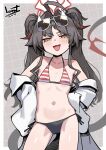  1girl :d bikini bikini_under_clothes black_bikini black_hair blue_archive blush brown_eyes collarbone commentary_request demon_girl demon_horns demon_tail dotted_line eyewear_on_head fang half-closed_eyes highres horns kasumi_(blue_archive) kasumi_(swimsuit)_(blue_archive) lab_coat leonat long_hair mismatched_bikini navel open_clothes side-tie_bikini_bottom smile solo striped_bikini striped_clothes sunglasses swimsuit tail twintails v-shaped_eyebrows very_long_hair white-framed_eyewear 