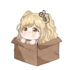  1girl :< ahoge bare_shoulders blonde_hair box brown_choker brown_wrist_cuffs chibi choker closed_mouth colored_eyelashes commentary english_commentary frilled_choker frilled_wrist_cuffs frills frown gear_hair_ornament hair_ornament hair_ribbon highres in_box in_container lace-trimmed_ribbon lace_trim light_blush long_hair looking_ahead nikki_(series) nonoberry22 pleading_eyes ribbon rustfire_heart_(shining_nikki) shining_nikki simple_background solo tareme two_side_up wavy_hair white_background white_ribbon wrist_cuffs yellow_eyes 