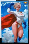  1girl absurdres acrylic_paint_(medium) belt blonde_hair blue_eyes blue_gloves breasts cape cleavage cleavage_cutout closed_mouth clothing_cutout commentary cover_sketch dc_comics english_commentary floating gloves highres jonathan_knight large_breasts leotard looking_to_the_side painting_(medium) photo_(medium) power_girl red_belt red_cape short_hair solo traditional_media white_leotard 