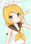  1girl :t absurdres black_sailor_collar blonde_hair bow breasts cheek_pinching closed_mouth green_eyes hair_bow hair_ornament hairclip highres kagamine_rin looking_at_viewer mizushi_sora neckerchief parallel_hairclips pinching pinching_own_cheek sailor_collar shirt short_hair sleeveless sleeveless_shirt small_breasts solo treble_clef upper_body vocaloid white_bow white_shirt yellow_neckerchief yellow_trim 