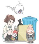  box brown_hair cardboard_box cat drooling eating facial_hair food food_on_face geta ghost haramaki high_ponytail himojii japanese_clothes jibanyan kimono kodama_fumika long_hair mochiyanagi mustache notched_ear onigiri open_mouth pendant_watch purple_lips saliva simple_background squatting trash_bag trash_can watch whisper_(youkai_watch) white_background white_hair youkai youkai_watch youkai_watch_(object) 