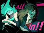  ! !! 1girl animal_ears beanie black_gloves blue_fire blue_jacket brown_hair collared_jacket commentary_request dice ears_through_headwear english_text fingerless_gloves fire gloves grey_hat hair_between_eyes hat holding holding_dice horse_ears horse_girl jacket korean_commentary long_hair long_sleeves looking_to_the_side nakayama_festa_(desperate_measures)_(umamusume) nakayama_festa_(umamusume) open_clothes open_jacket open_mouth purple_eyes red_shirt saejib1 shirt smile solo striped_clothes striped_headwear teeth torn_clothes torn_shirt twitter_username umamusume vertical-striped_clothes vertical-striped_headwear 