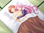  2000s_(style) 2girls artist_request breasts closed_eyes closed_mouth clothing_cutout fingerless_gloves frilled_shirt_collar frills game_asset gloves grabbing_another's_breast groping head_on_pillow hug jang_puu kashimashi kashimashi_girl_meets_girl:_hajimete_no_natsu_monogatari large_breasts long_hair multiple_girls non-web_source official_art on_bed orange_hair osaragi_hazumu pillow purple_gloves sleeping smile tatami under_covers yuri 